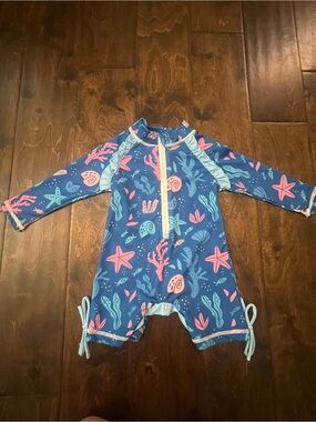 NWOT Girls' Blue Long-Sleeve Rashguard One-Piece Swimsuit with Pink Sea Motifs